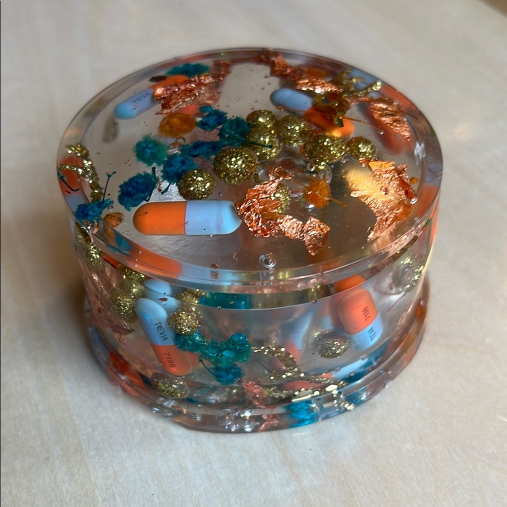 Decorative Resin Prozac pill Trinket Box with Capsules and Gold Accents
